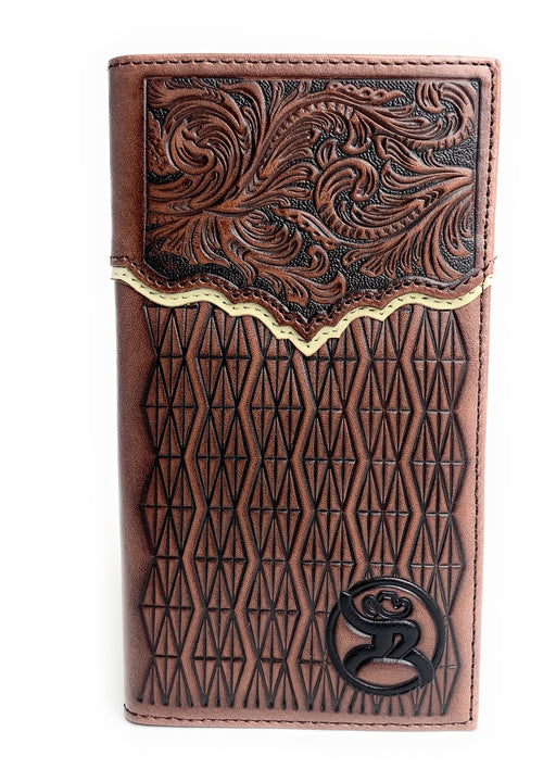 Hooey Mens Western Rodeo Leather Tooled Floral Logo Brown Wallet -2001566W7