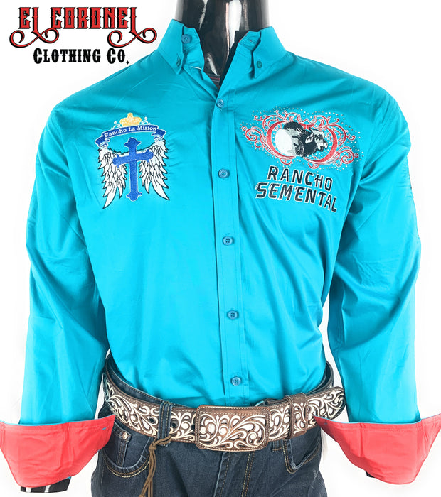 Camisa Estilo Rancho La Mision En Turquesa De Marca Rancho Semental