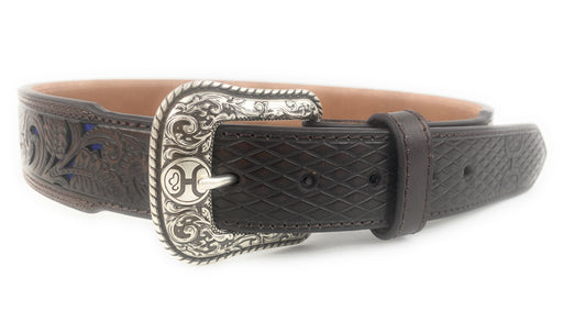 HOOey Men's Brown Tooled With Blue Inlay Western Belt 1914BE8
