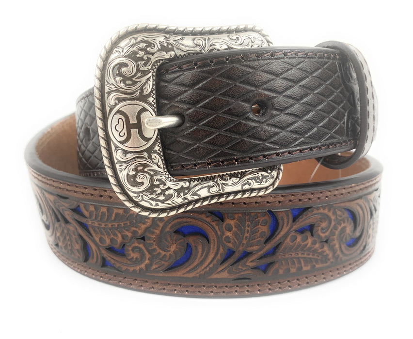 HOOey Men's Brown Tooled With Blue Inlay Western Belt 1914BE8