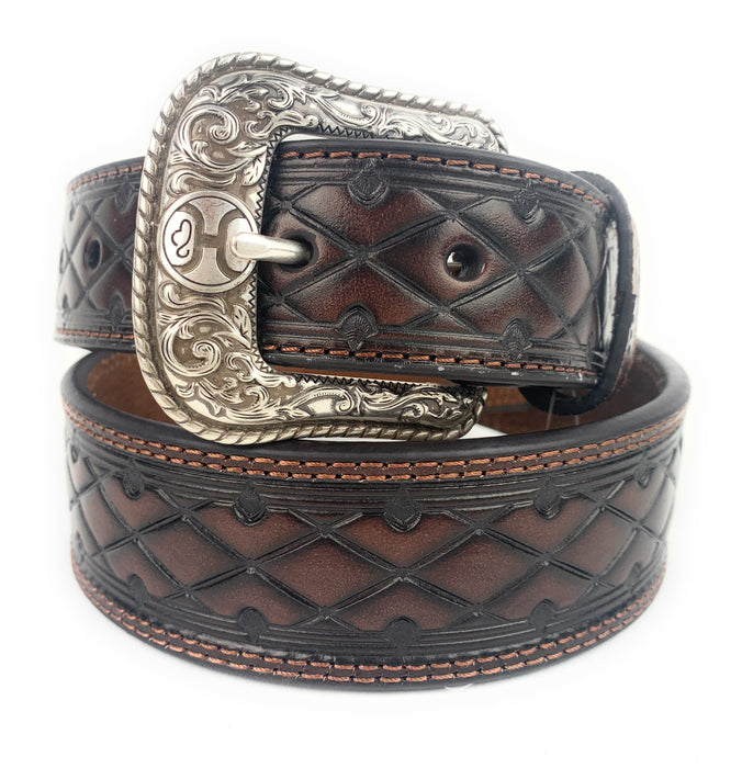 HOOey Men's Mahongany Wide Taper Diamond Embossed Western Belt 1787BE9