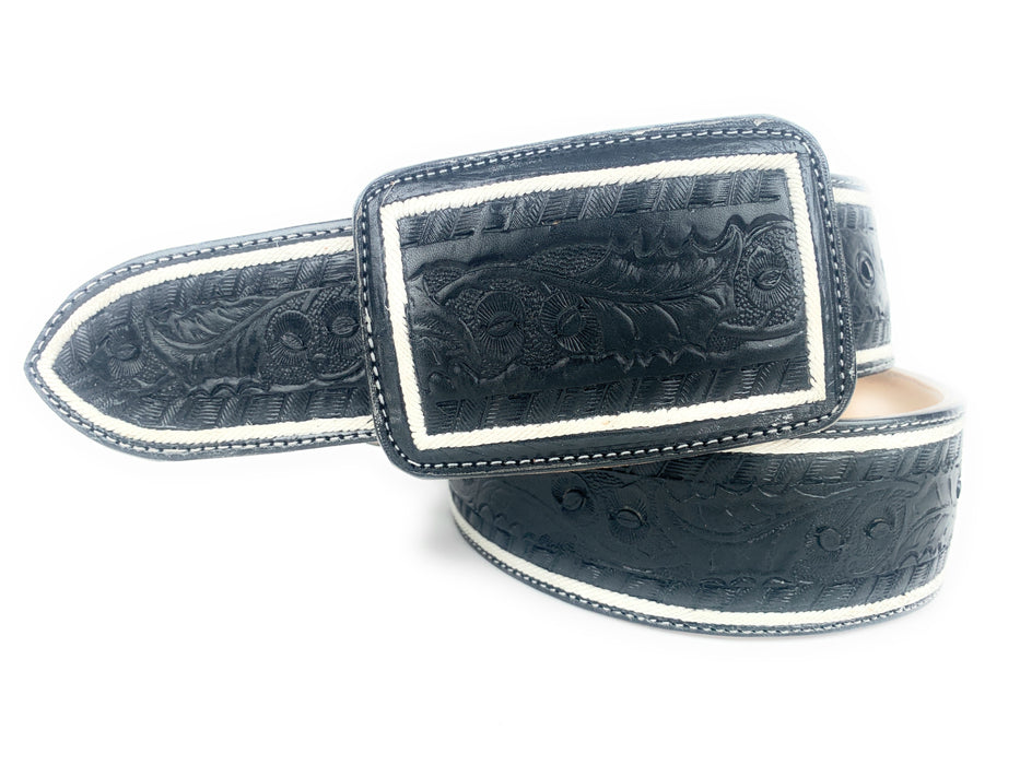 Cinto Vaquero Estampado Rameado En Color Negro
