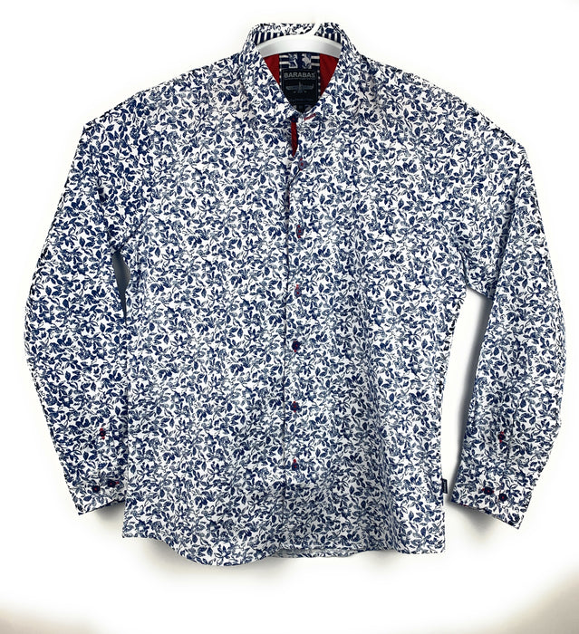 Barabas Mens Designer Button Front Shirt White Floral Long Sleeve