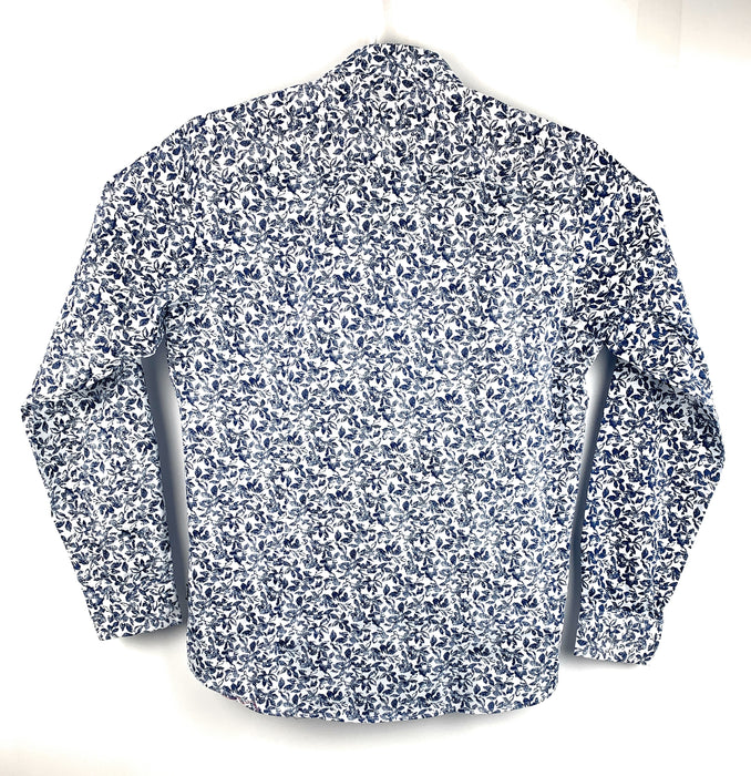 Barabas Mens Designer Button Front Shirt White Blue Floral Long Sleeve
