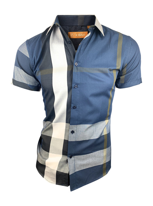 Kid's Short Sleeve Slim Fit Casual Navy Plaid Dress Shirt