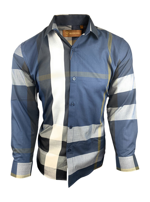 Kid's Long Sleeve Slim Fit Casual Navy Plaid Dress Shirt