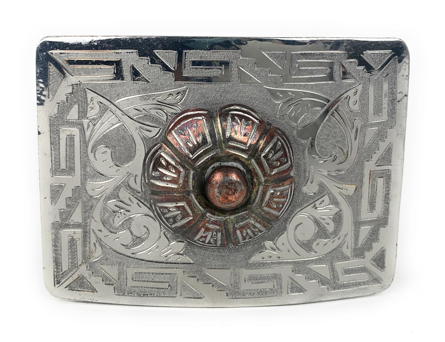 Charro Flowered Western Belt Buckle - (Hebilla Charra Floreada Con Boton De Rosa)