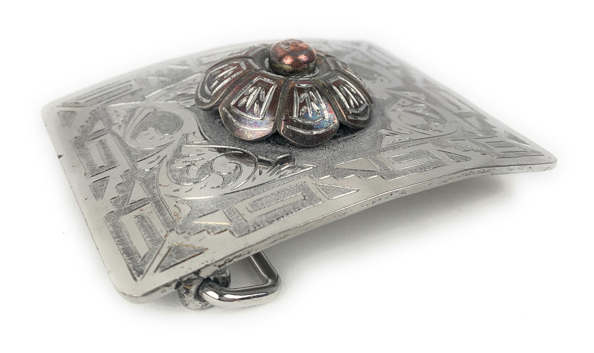 Charro Flowered Western Belt Buckle - (Hebilla Charra Floreada Con Boton De Rosa)