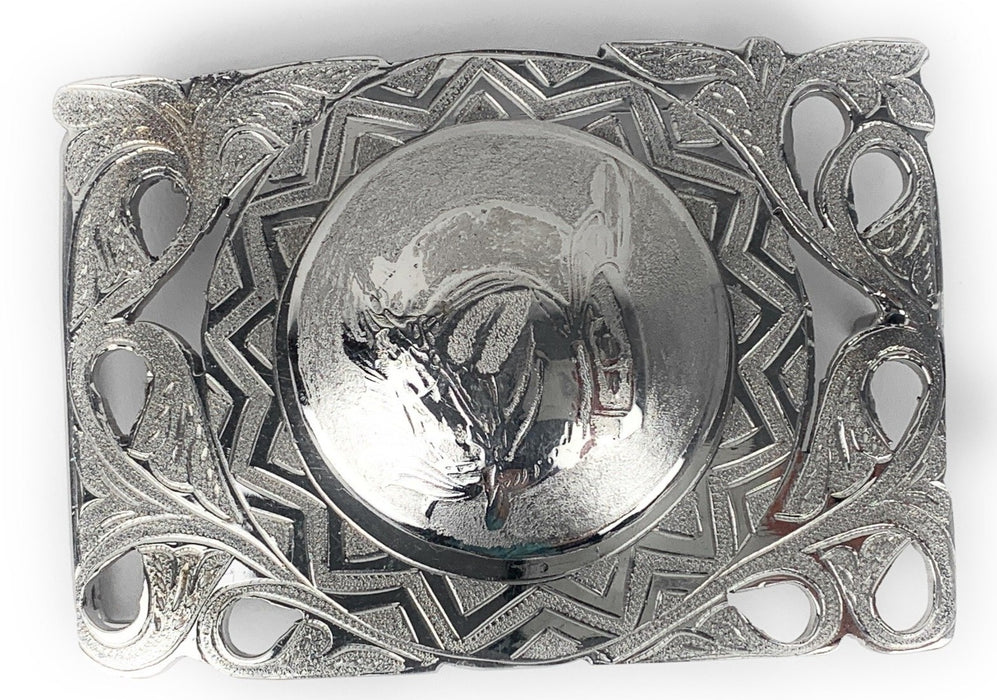 Charro Aztec & Flowered Western Belt Buckle - (Hebilla Charra Azteca Con Boton Y Herradura))