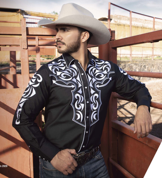 Ranger's Mens Western Cowboy Shirt Black W/ White Embroidery Long Sleeve