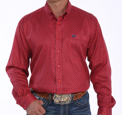Cinch Men's Red And Navy Geometric Print Button Down Western Shirt