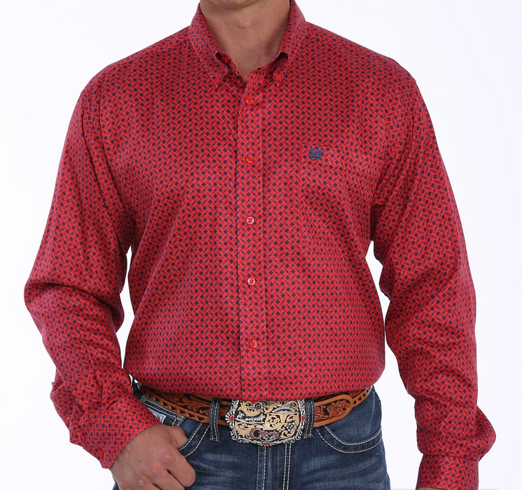 Cinch Men's Red And Navy Geometric Print Button Down Western Shirt