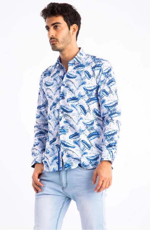 Barabas Mens Blue Feather Print Long Sleeve Shirt