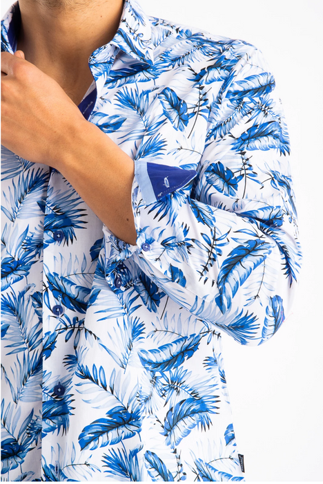 Barabas Mens Blue Feather Print Long Sleeve Shirt