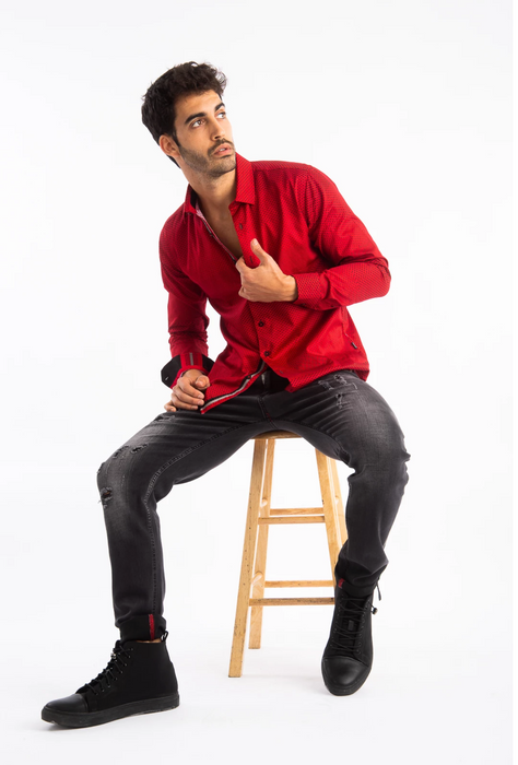 Barabas Mens Red Polka Dot Long Sleeve Button Up Casual Shirt