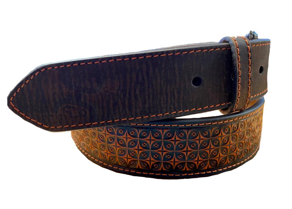 Hooey Mens Western Tooled Leather Geometric WesternBelt Brown & Orange - 1654BE2
