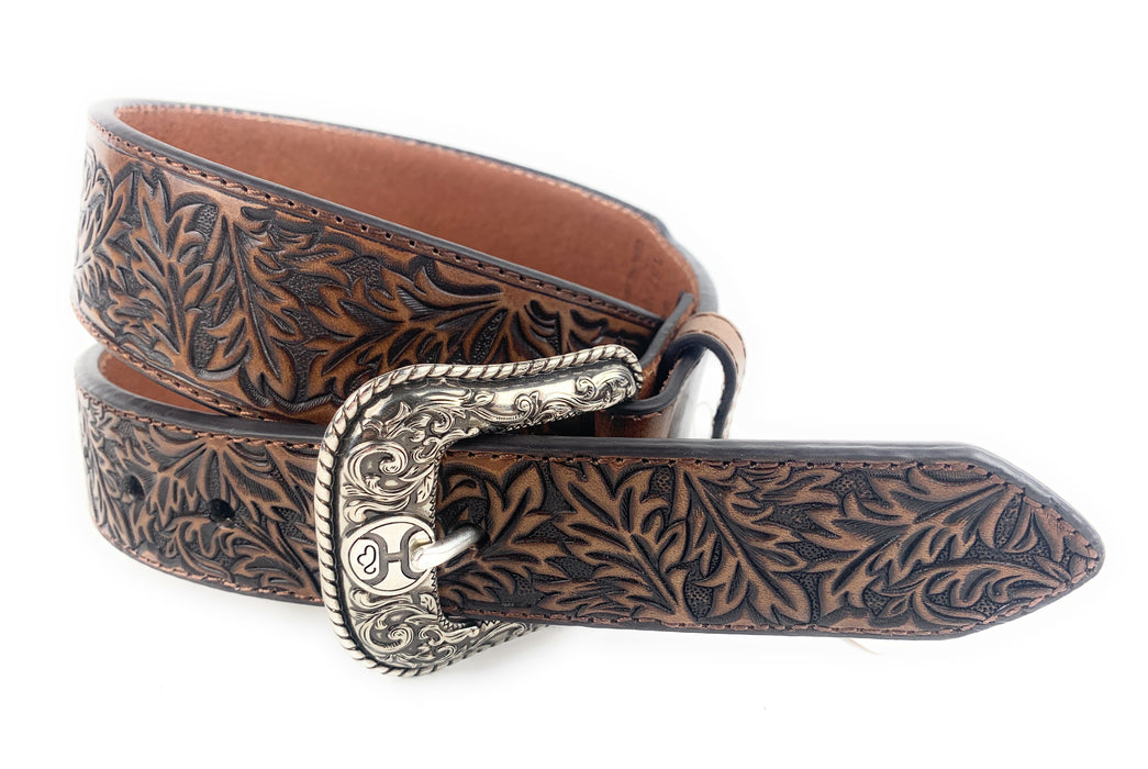 HOOEY Roughy Tapered Tooled Floral Pattern Leather Belt 1873BE9