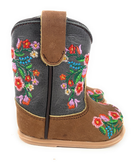 Infant/Toddler Brown Round Toe Western Boots With Spiraled Rose's