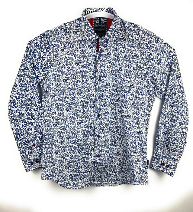 Barabas Mens Designer Button Front Shirt White Blue Floral Long Sleeve
