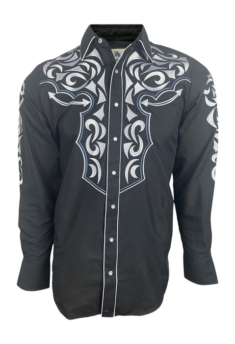 Ranger's Mens Western Cowboy Shirt Black W/ White Embroidery Long Sleeve