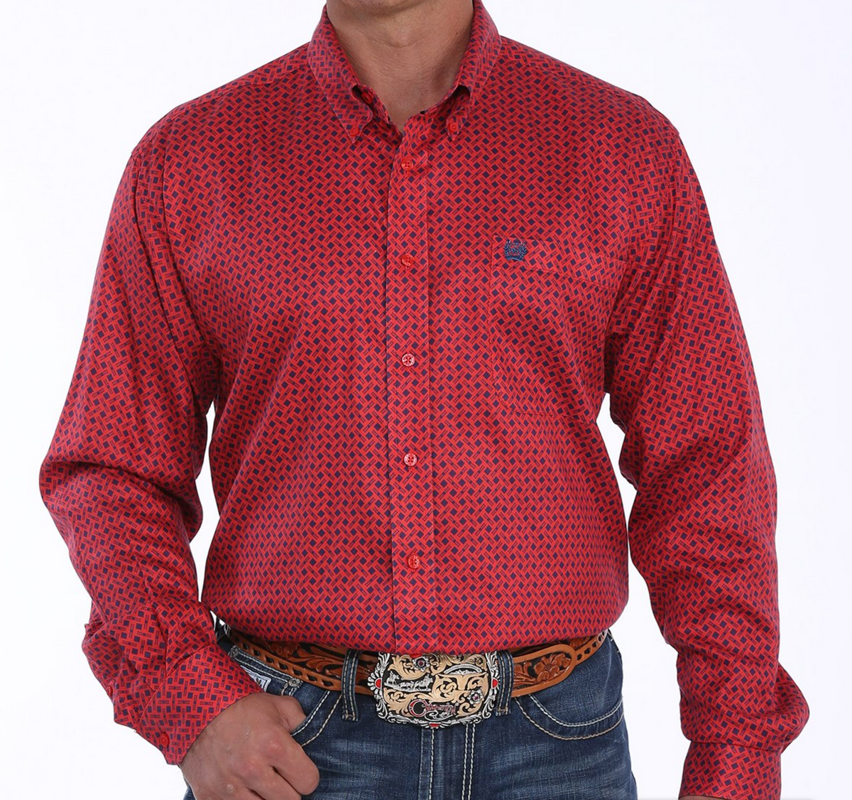 Cinch Men s Red And Navy Geometric Print Button Down Western Shirt