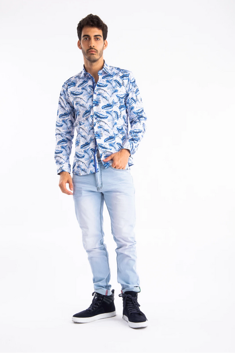 Barabas Mens Blue Feather Print Long Sleeve Shirt